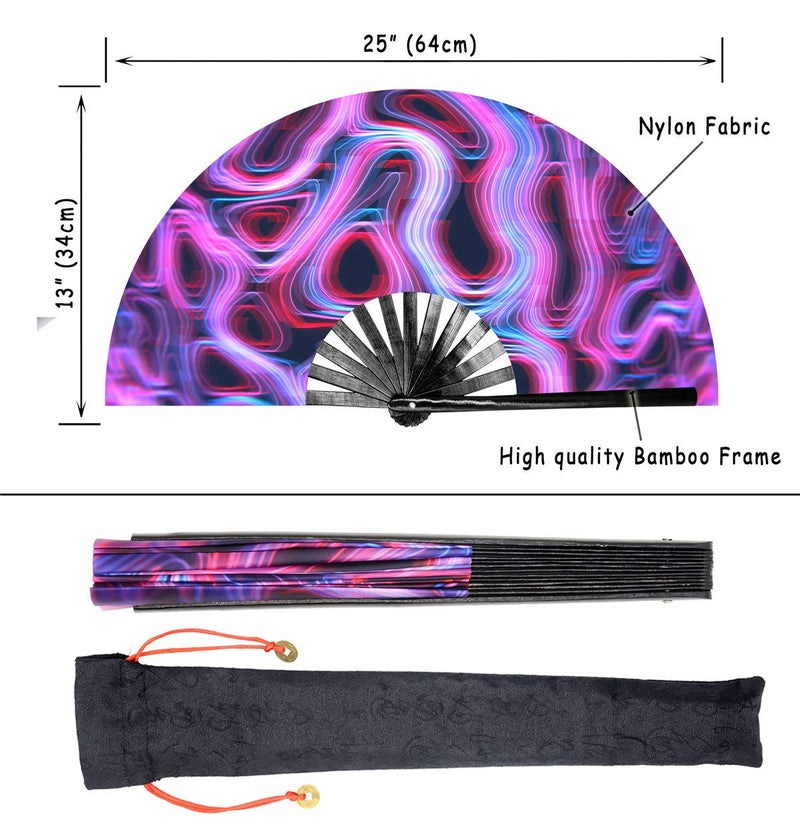 Leehome Large Rave Folding Hand Fan for Women/Men,Chinese/Japanese with Bamboo and Nylon-Cloth Handheld Fan,for Performance,Decorations, Dance,Festival Party,Gift (C03) - Image 2
